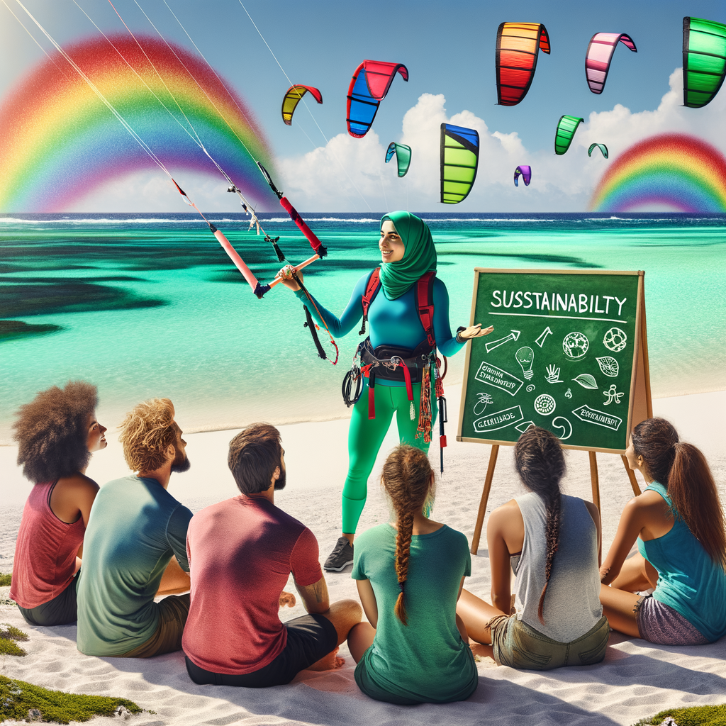 Instructor teaching sustainability in sports through kite surfing education to enthusiastic students on a pristine beach, promoting environmental awareness and adventure-based environmental education.