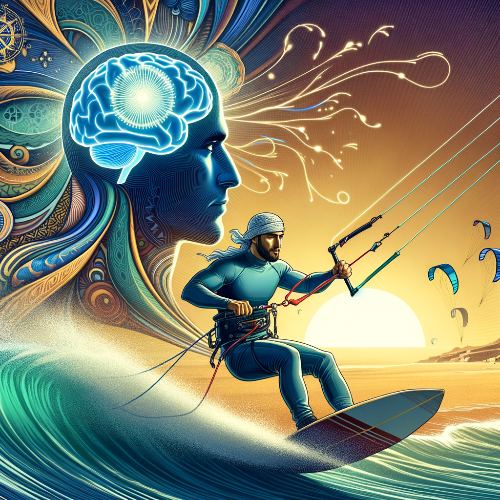 Kite surfer demonstrating cognitive function improvement and mental wellness, highlighting the mental benefits and brain health stimulation from kite surfing therapy for cognitive benefits and mental health.