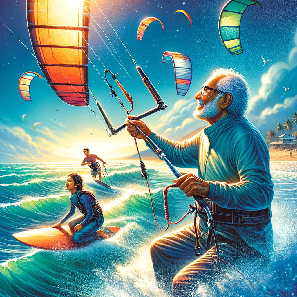 Multi-generational family enjoying the benefits of kite surfing, promoting inter-generational connection, unity and family bonding through this exciting activity suitable for all ages, including seniors and youth.