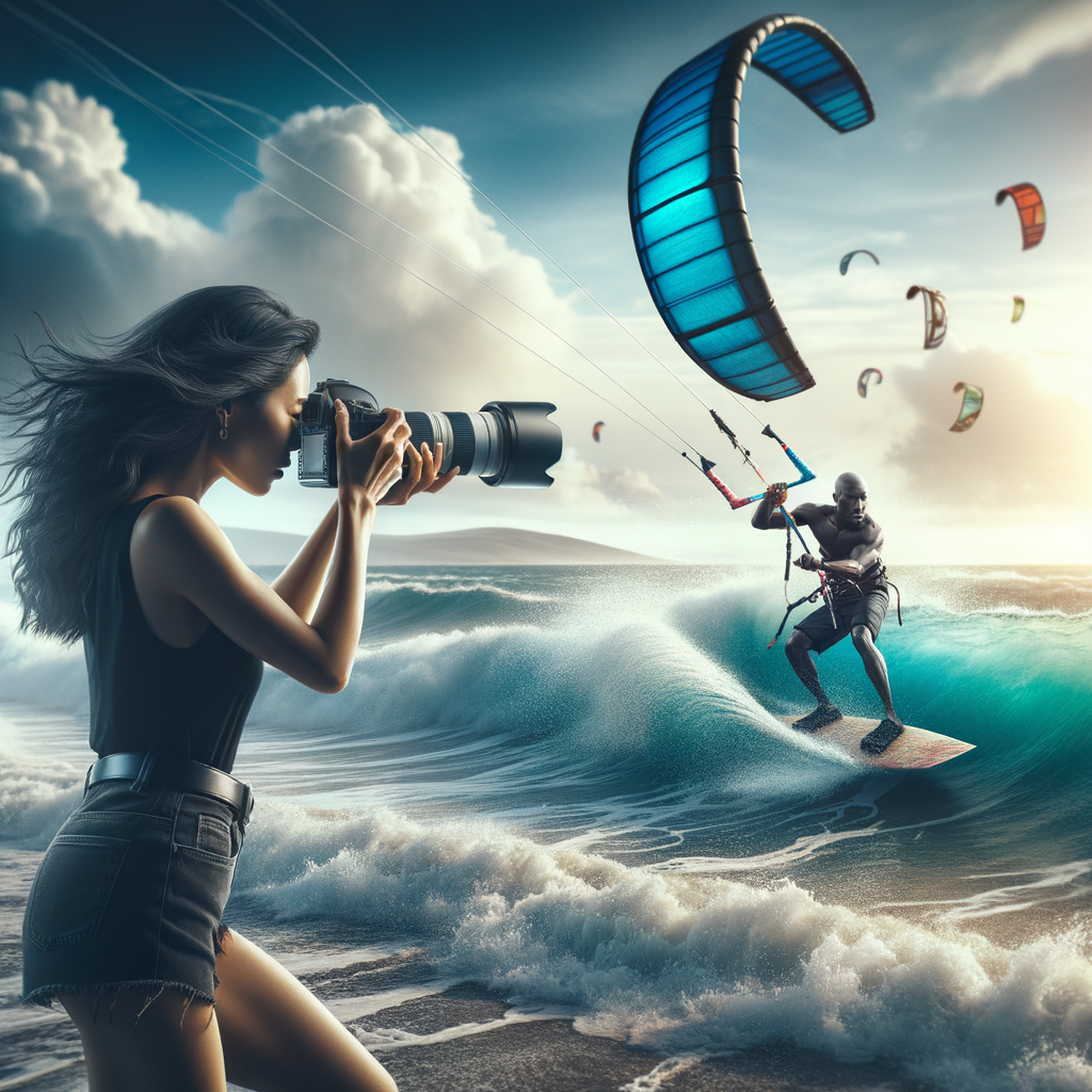 Professional photographer using advanced kite surfing photography techniques and equipment to capture high-intensity action shots, demonstrating tips for enhancing outdoor sports photography.