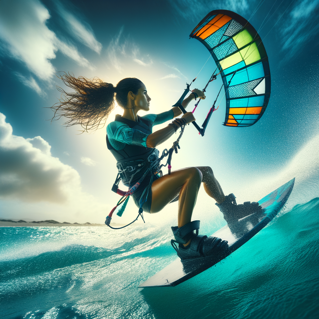 Professional kite surfer mid-action, demonstrating kite surfing photography techniques and tips against an ocean backdrop for a water sports photography article.