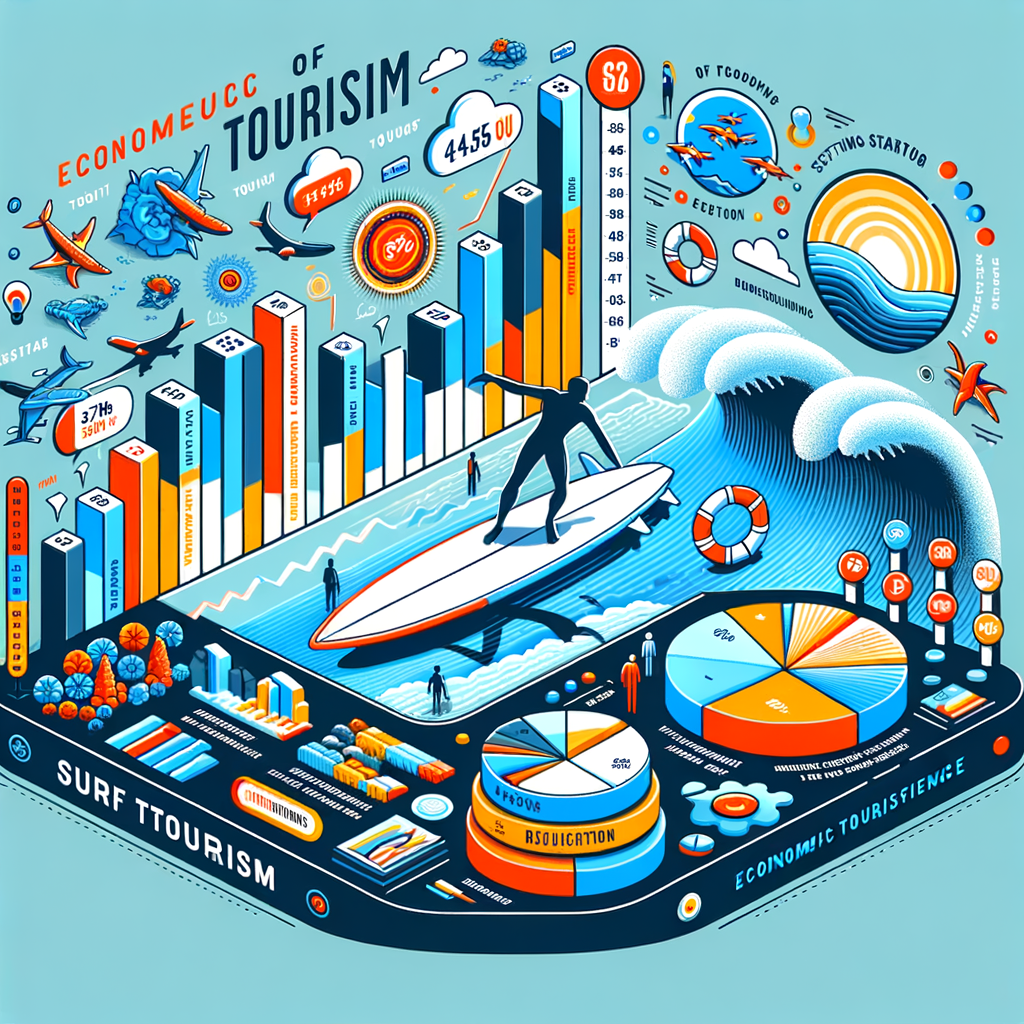 Infographic illustrating the economic benefits and impact of the surf tourism industry, including key surfing tourism statistics, revenue graphs, and economic growth from surfing