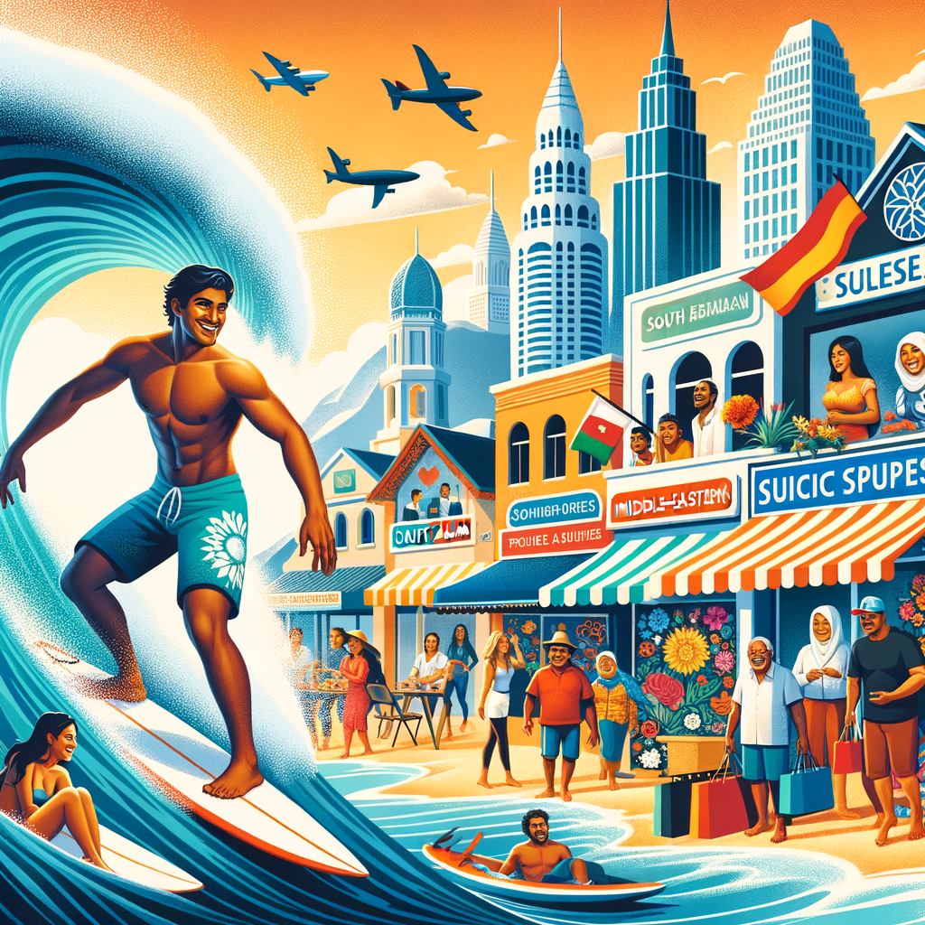 Surfers riding waves and tourists participating in surf-related activities in a bustling beach town, illustrating the economic benefits and impact of surfing on local economies and surf tourism.