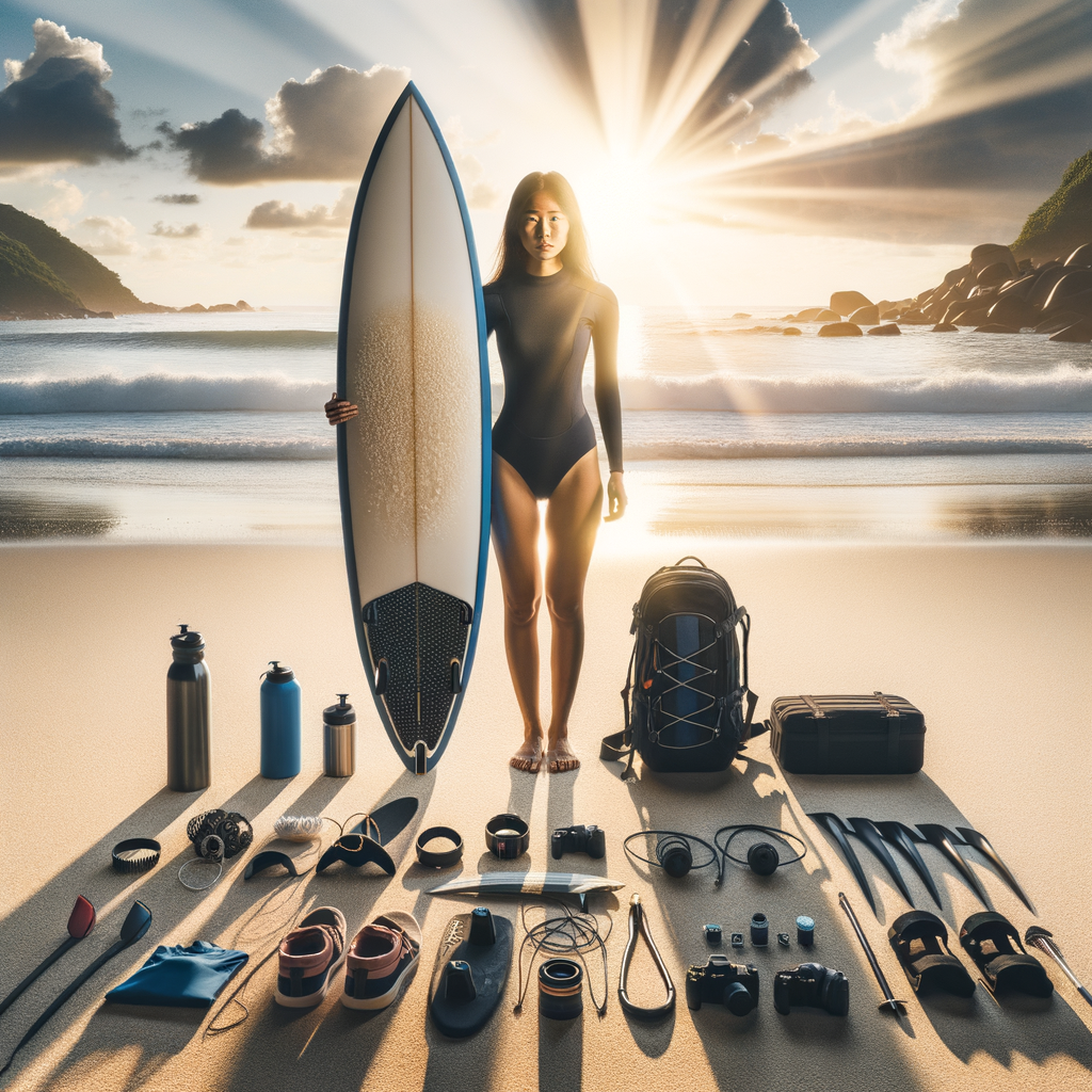 Professional surfer on beach with essential surf gear, demonstrating right surfboard selection and best surf gear recommendations for beginners in a surfing equipment guide