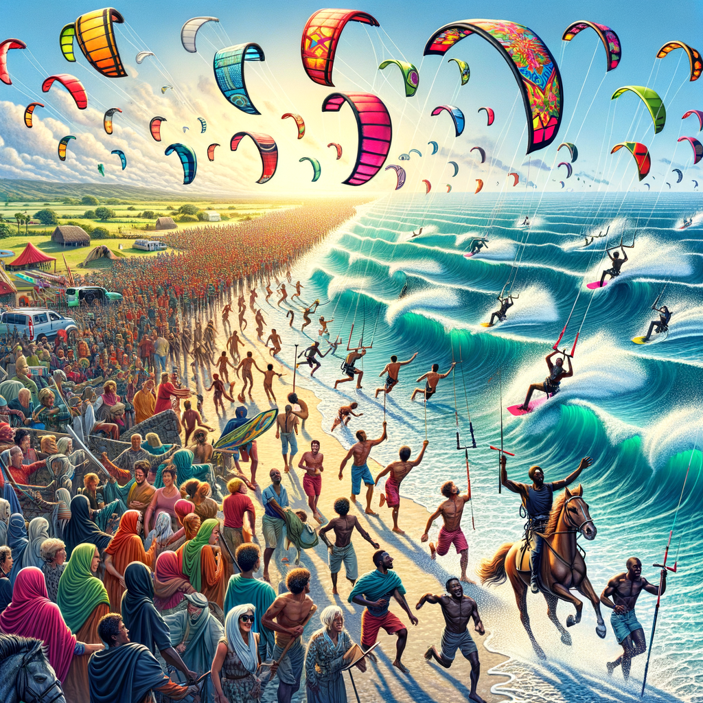 Vibrant depiction of the transformation in coastal communities through the impact of kite surfing, showcasing colorful kites, surfers, and community engagement in the sport.