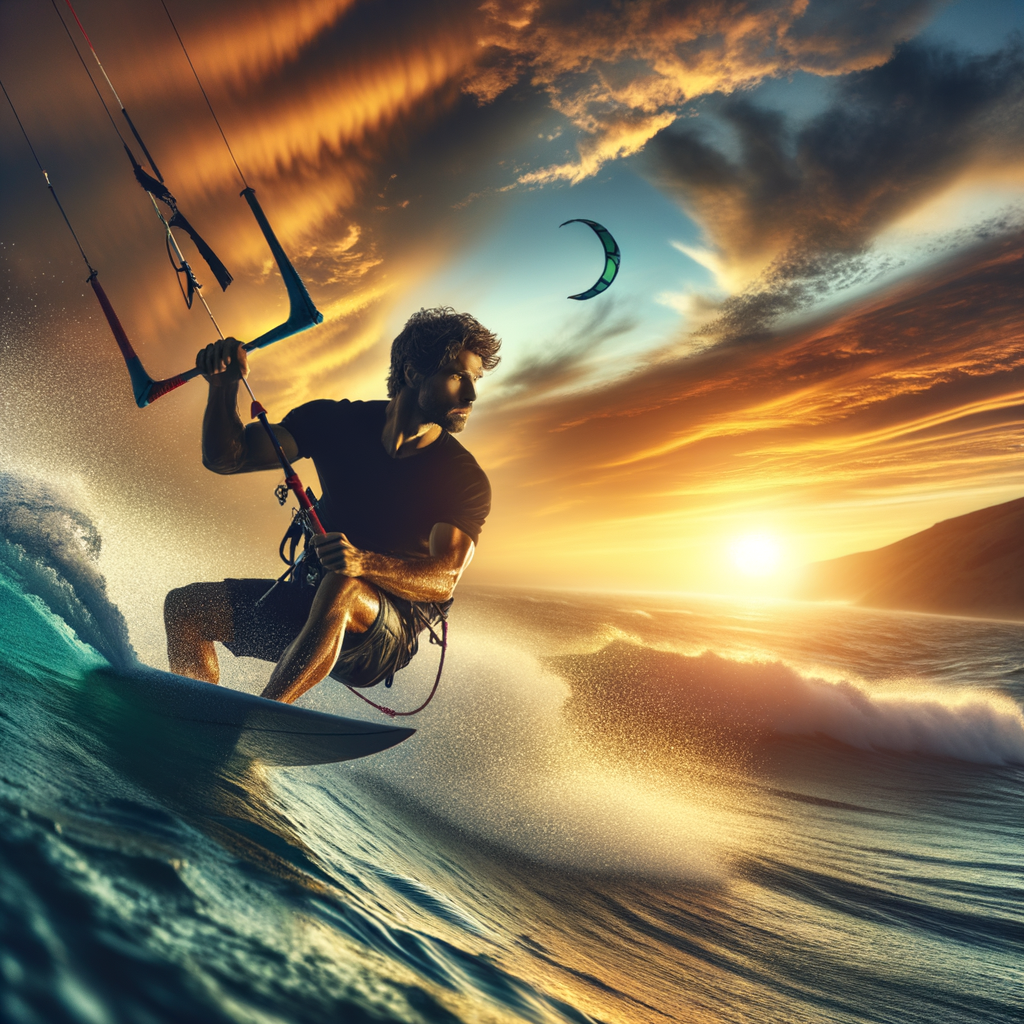 Kite surfer overcoming fear and employing confidence building strategies in kite surfing, riding a large wave at sunset, symbolizing the journey of mastering extreme sports techniques.