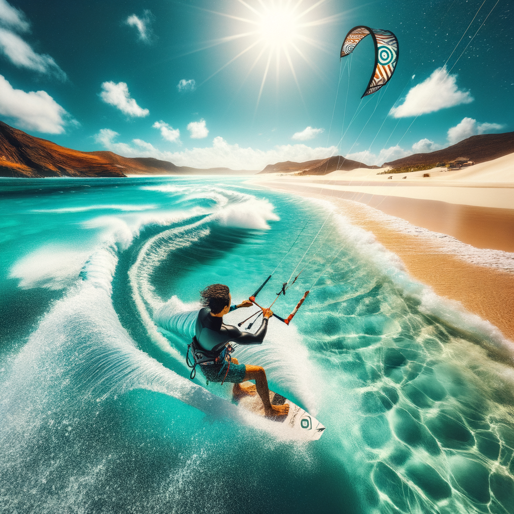 Adventurous kite surfer exploring beautiful, remote kite surfing location with pristine turquoise waters and untouched sandy beaches