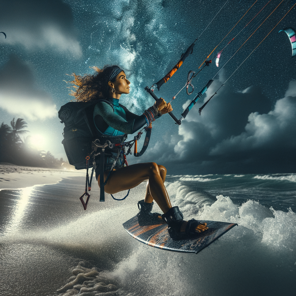 Professional kite surfer demonstrating extreme night kite surfing techniques under starlit sky, showcasing thrill and safety in nighttime kite surfing adventure with specialized equipment.