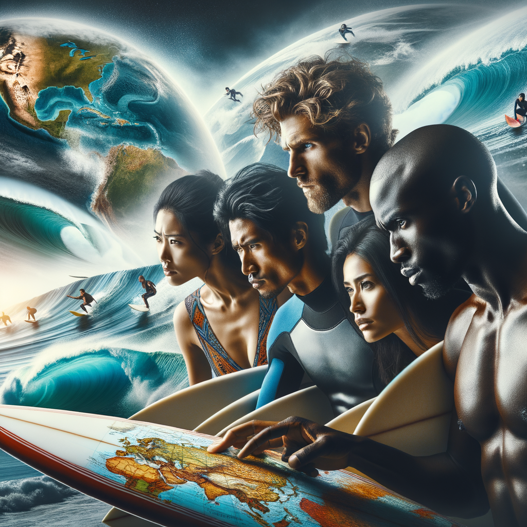 Traveling surfers studying a global map of top surfing destinations worldwide, with a montage of the world's best surfing waves in the background, illustrating a guide to finding perfect waves globally
