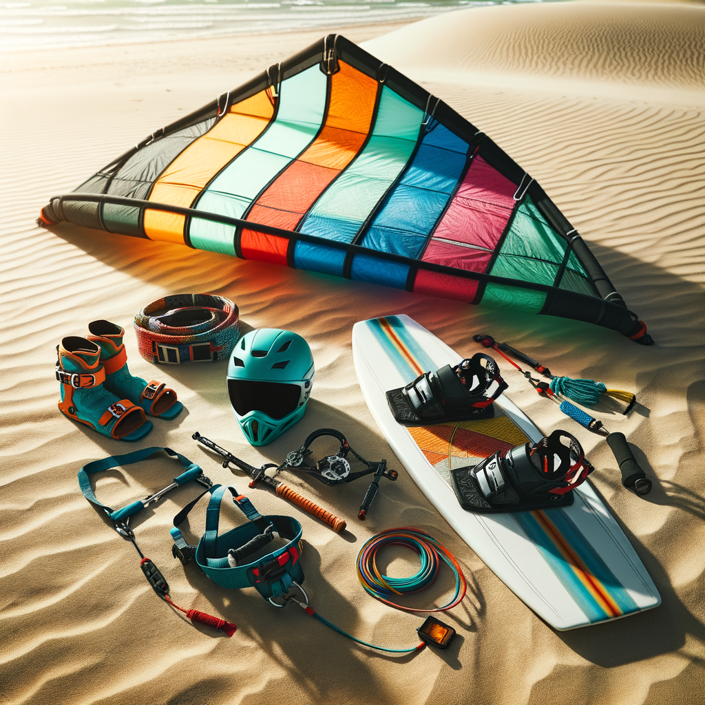 Essential kite surfing gear for beginners, including a colorful kite, harness, board, safety leash, and helmet, neatly arranged on a sandy beach - perfect starter kit for newbies starting their kite surfing journey.