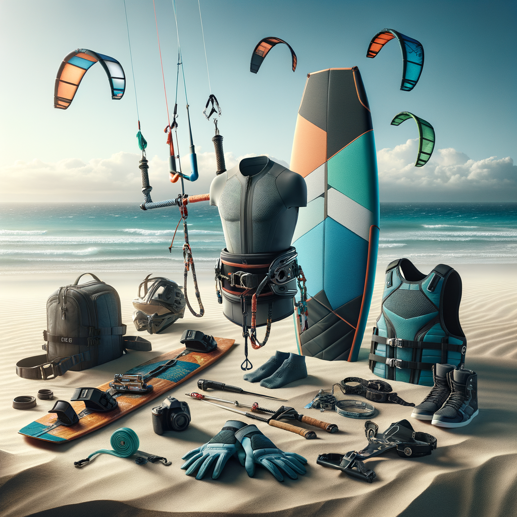 Essential kite surfing gear for beginners displayed on a sandy beach, including a kite surfing starter kit and necessary accessories, perfect for a beginner's guide to kite surfing equipment.