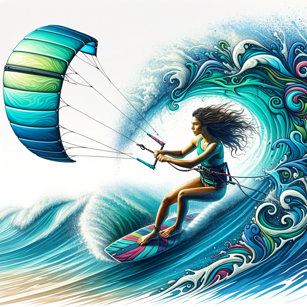 Kite surfer unleashing creativity through artistic expressions in surfing, showcasing vibrant patterns and creative kite surfing techniques over ocean waves for artistic water sports.