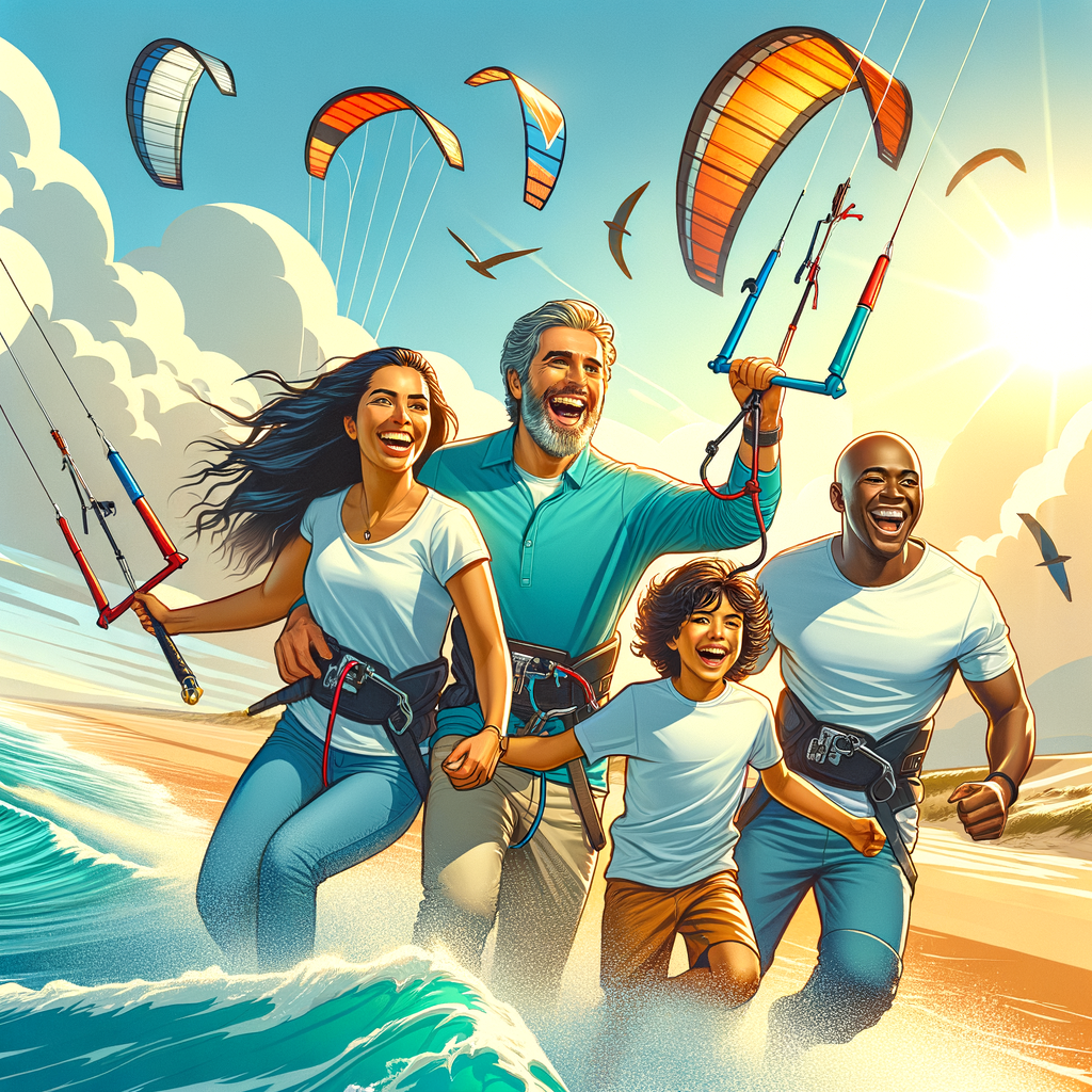 Joyful family of four experiencing kite surfing benefits and strengthening family bonds through this exciting family activity on a sunny beach day.