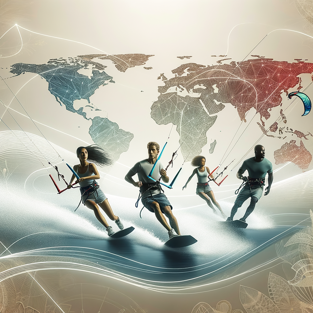Diverse individuals engaging in kite surfing across continents, symbolizing the global impact and cultural connection of the international kite surfing community on a world map background.