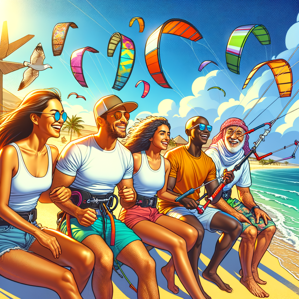 Kite surfers from diverse cultures engaging in social interaction on a sunny beach, showcasing the global kite surfing culture, cultural exchange in sports, and the lifestyle benefits of kite surfing.