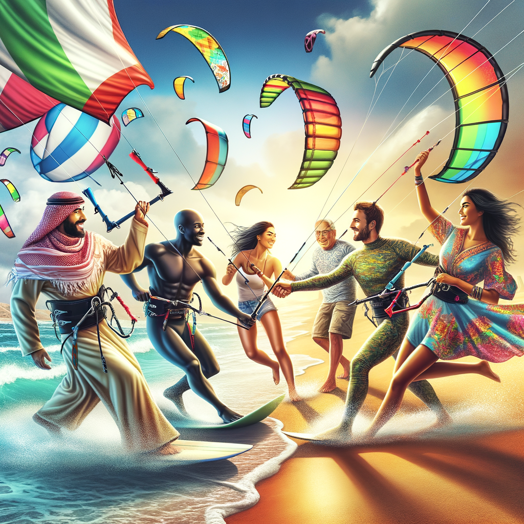 Diverse group participating in a kite surfing exchange on a beach, illustrating the cultural understanding and exchange possible through kite surfing culture.
