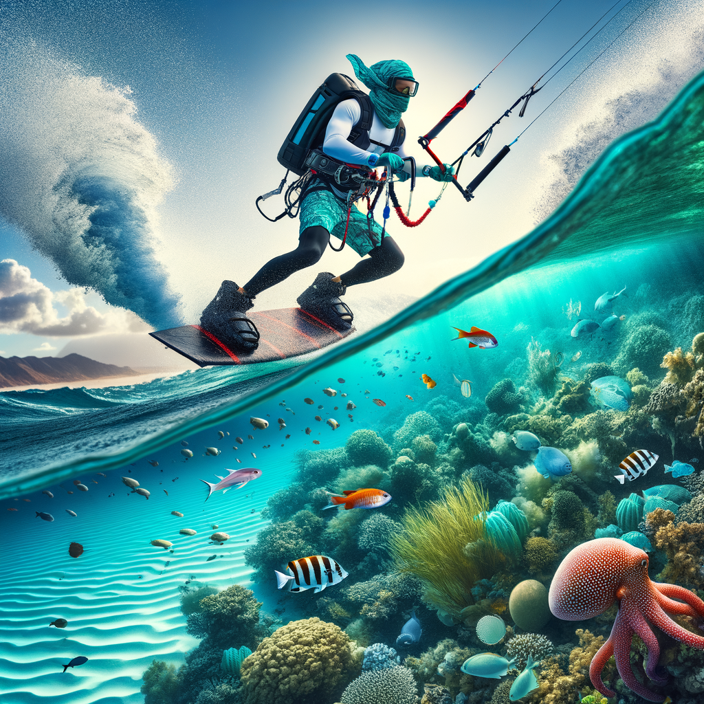 Kite surfer exploring vibrant underwater ecosystems with marine biology tools, symbolizing the thrilling intersection of kite surfing adventures and ocean biology exploration.
