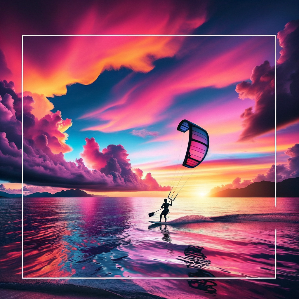 Kite surfer enjoying the serene beauty of surfing at a tranquil kite surfing retreat during sunset, perfect for escaping to tranquility on kite surfing holidays.