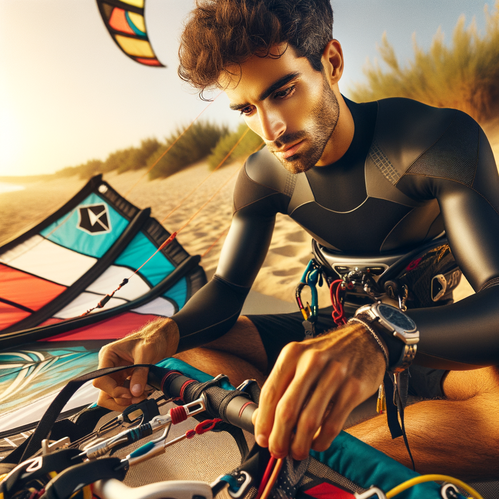 Professional kite surfer meticulously maintaining kite surfing gear on a sunny beach, showcasing tips for keeping equipment in top shape for optimal performance.