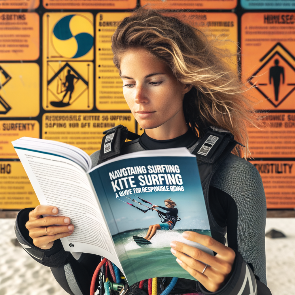 Professional kite surfer studying 'Navigating Kite Surfing Rules: A Guide for Responsible Riding' to understand kite surfing laws and regulations for safe and legal kite surfing