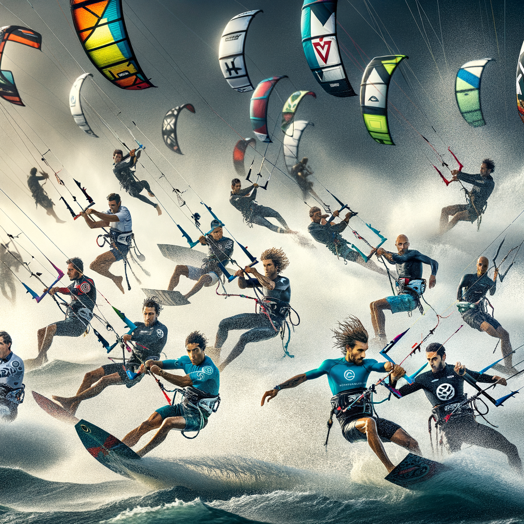 Professional kite surfers demonstrating high-level skills and strategies at the Kite Surfing Championships, highlighting the intense training and preparation requirements for top-level kite surfing competitions.