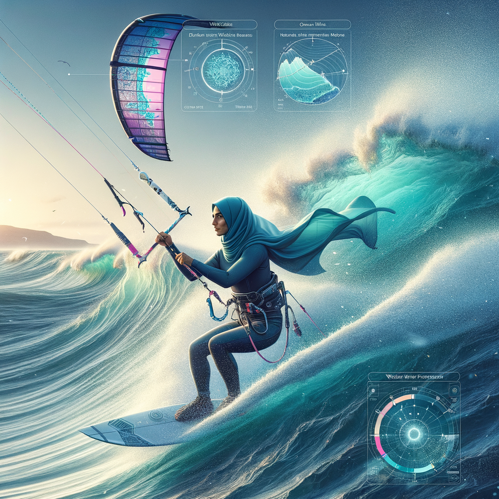 Professional kite surfer navigating ocean waves, with graphic overlay illustrating kite surfing wind dynamics and weather patterns, highlighting the importance of understanding these elements for the sport and kite surfing weather forecast.