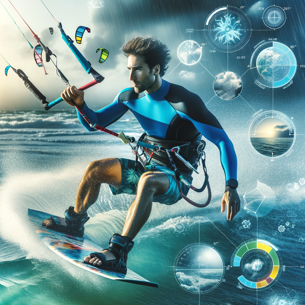 Professional kite surfer demonstrating advanced kite surfing techniques, navigating varying weather patterns for optimal kite surfing navigation and weather adaptation.