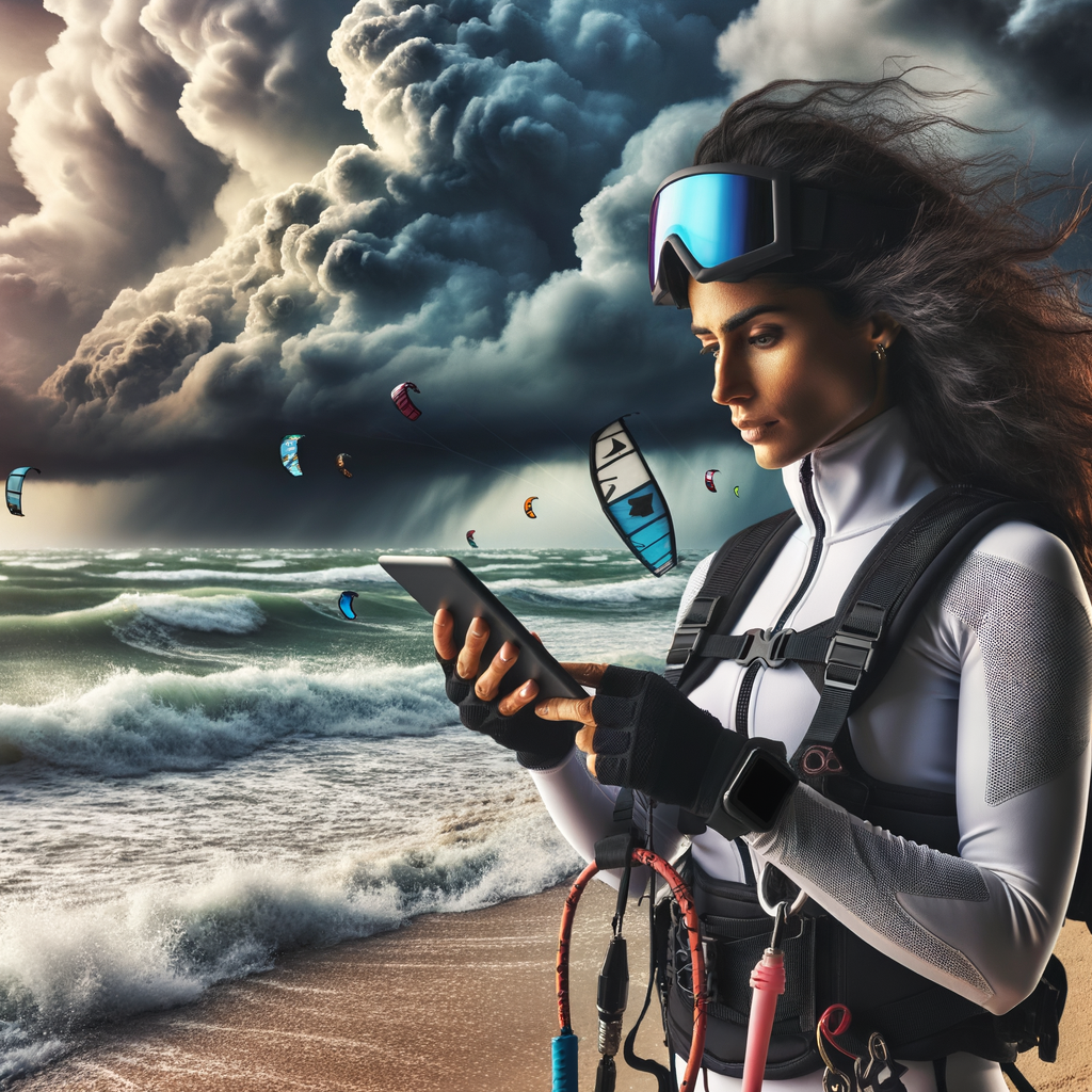Professional kite surfer analyzing kite surfing weather conditions on a digital device for safe riding, emphasizing the importance of understanding weather for kite surfing.