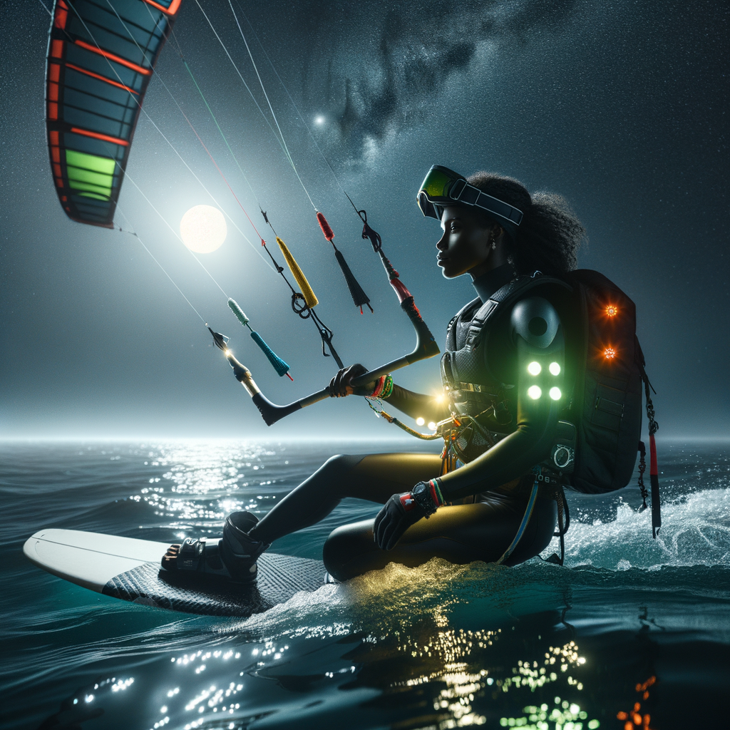 Professional kite surfer demonstrating essential safety measures for night kite surfing, including protective gear and LED lights for visibility.