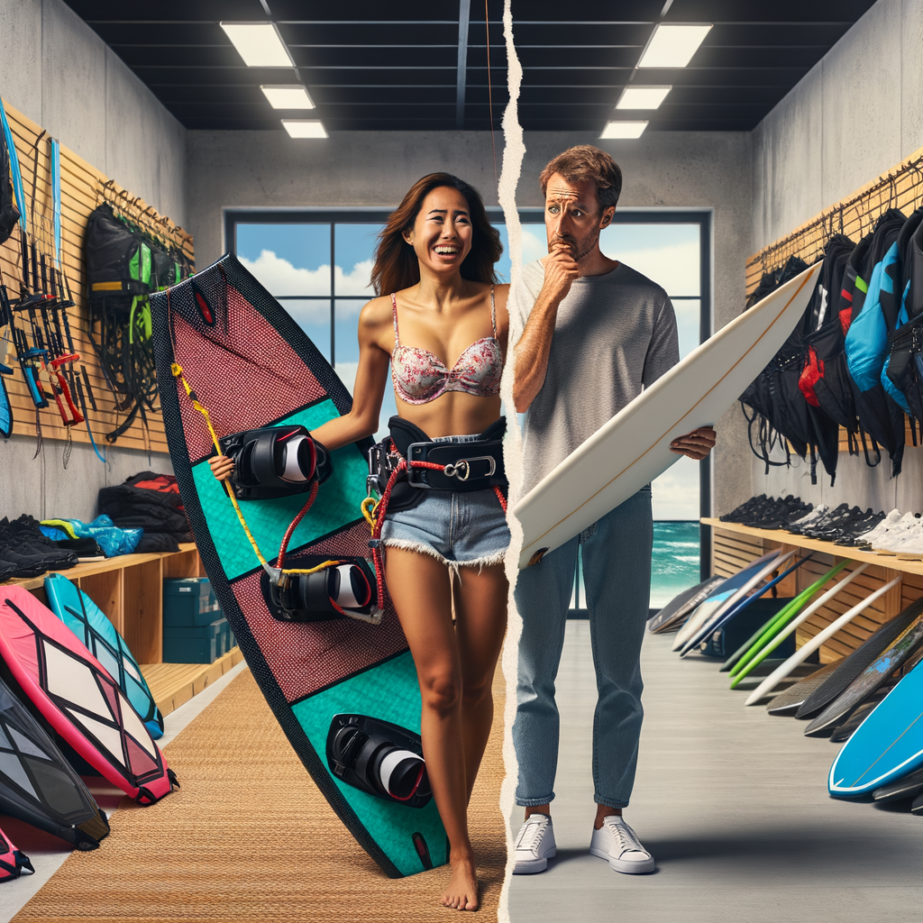 Beginner kite surfer happily renting gear and concerned about buying new equipment, illustrating the cost comparison, pros and cons of renting vs buying kite surfing gear for beginners.