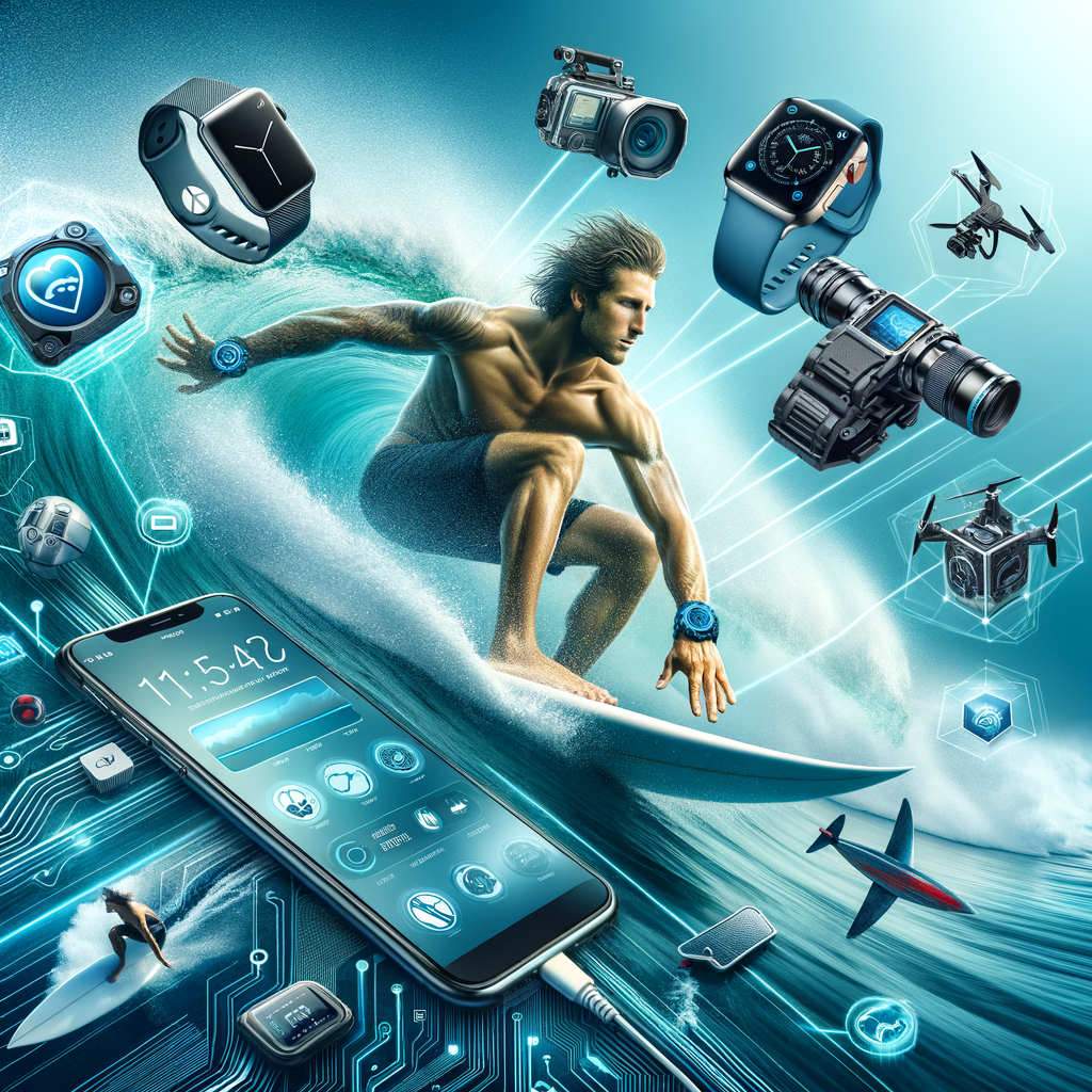 Collage of best surfing apps and top surfing gadgets on mobile devices, featuring surfing technology like smartwatches and action cameras, enhancing the surfing experience.
