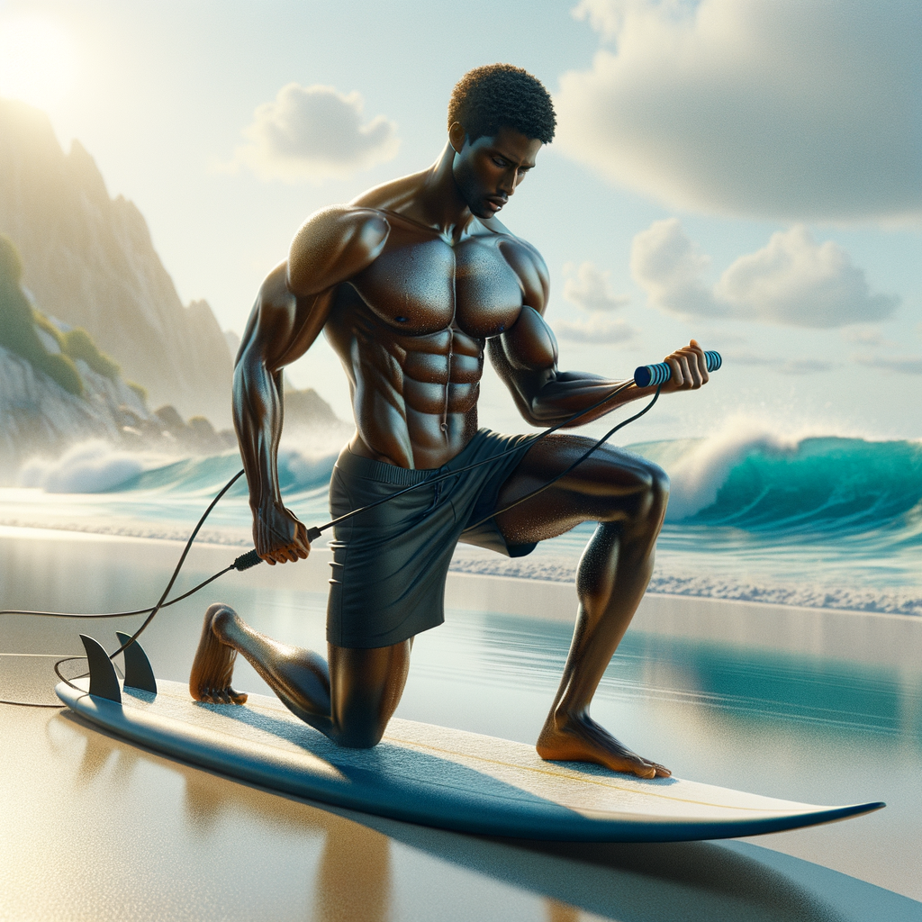 Professional surfer demonstrating strength training and surfing exercises for a high-intensity surfing workout on a sunny beach, emphasizing the importance of surfing fitness and stamina training for surfing.