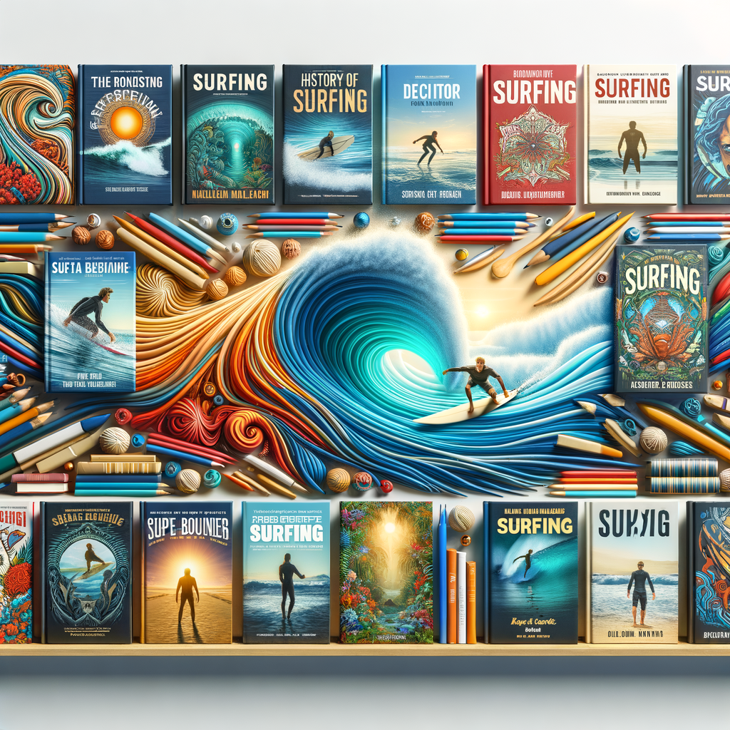 Vibrant display of top surfing books, best surfing documentaries, surfing biographies, and surfing history books, showcasing surf culture films and surfing lifestyle literature.