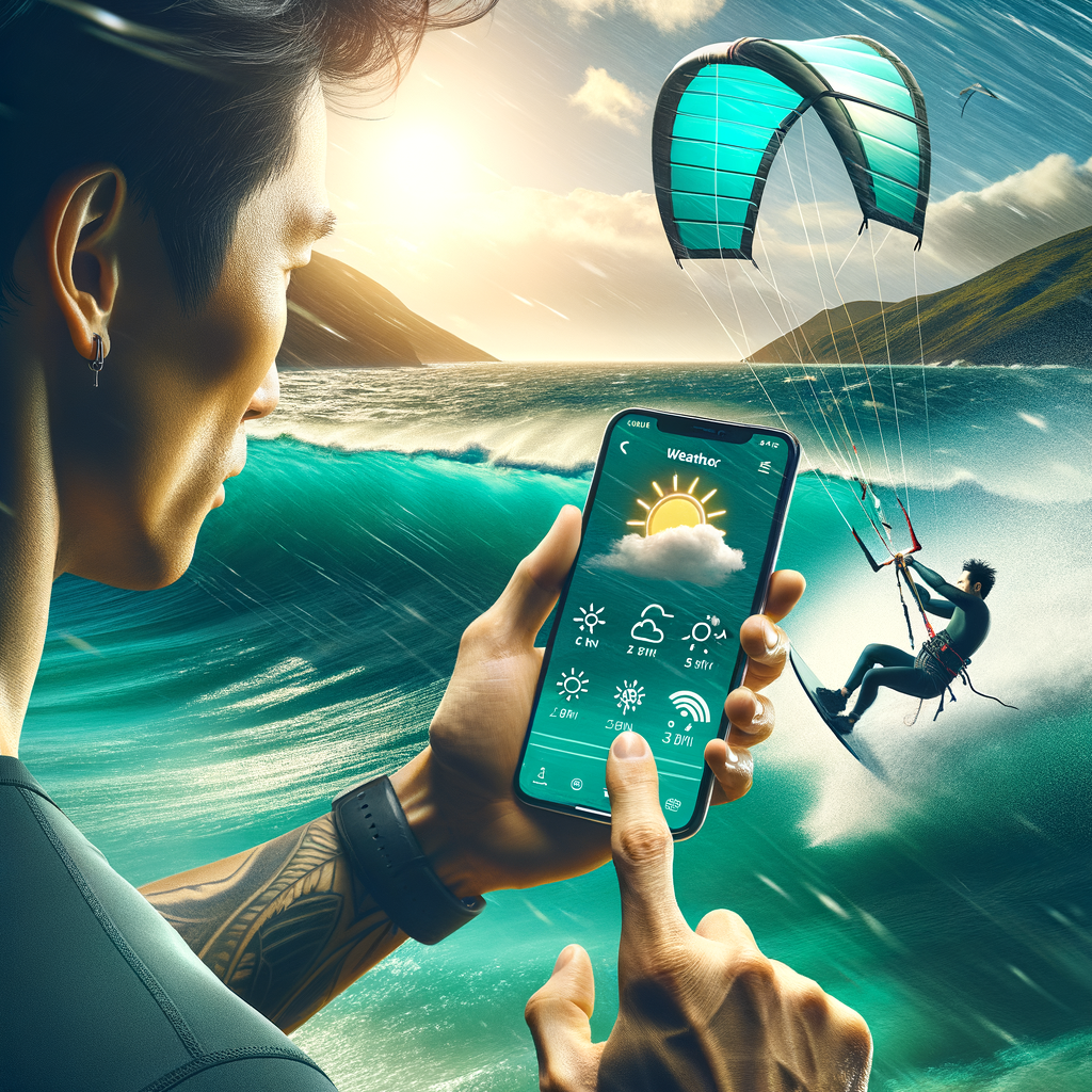 Kite surfer using a weather app on smartphone to check optimal kite surfing weather conditions, symbolizing the best planning tools for a perfect kite surfing ride