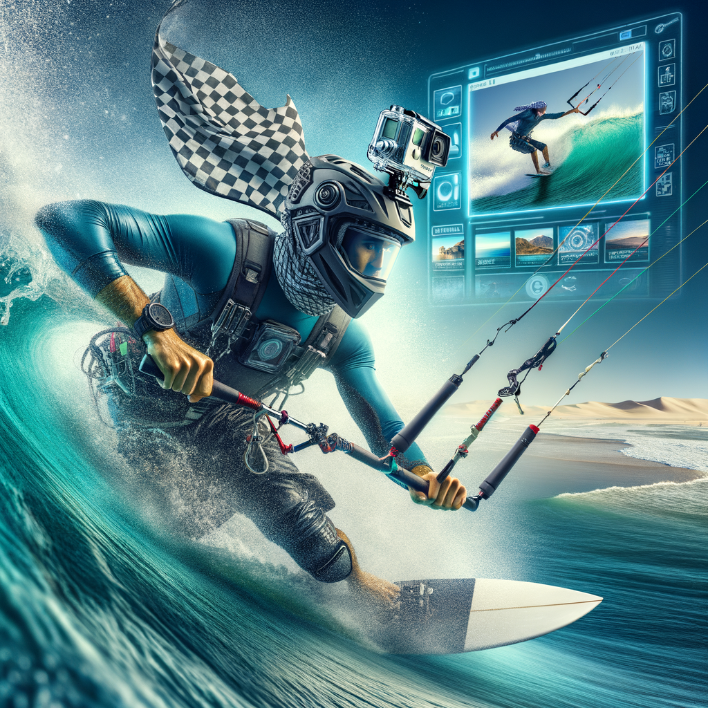 Kite surfer capturing his experience with a GoPro for sharing on digital media platforms, illustrating the online community's love for kite surfing stories and experiences.