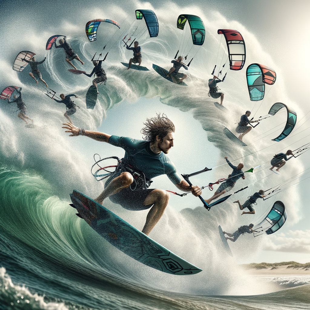 Professional kite surfer overcoming challenges and mastering advanced techniques mid-jump over a wave, embodying personal triumph in kite surfing with a montage of training, improvement, and success stories in the background.