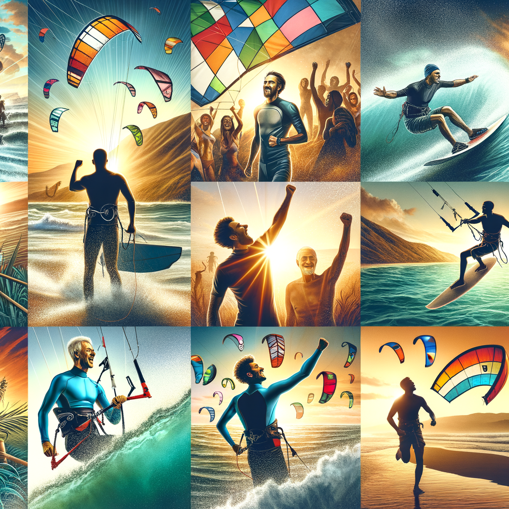 Collage of inspirational kite surfing triumph stories showcasing the benefits, achievements, and positive impact of kite surfing on personal growth.