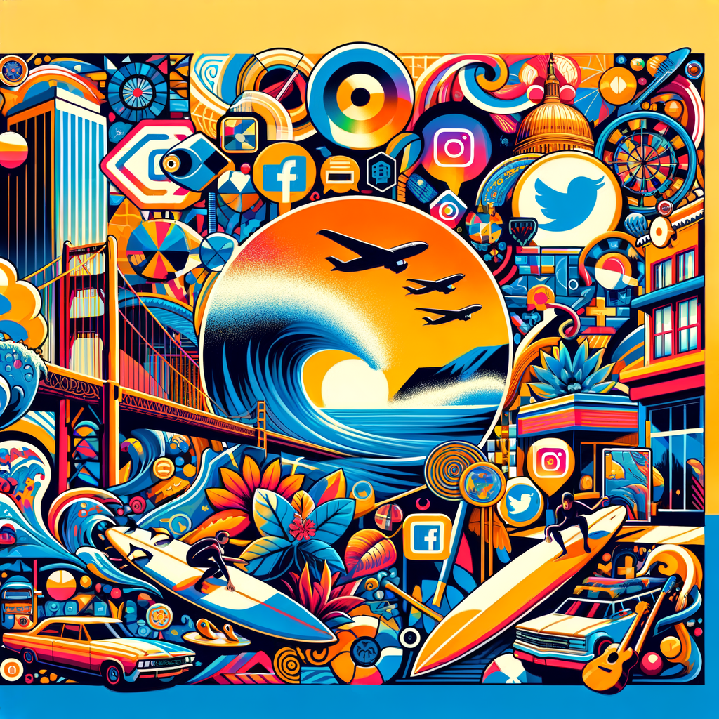 Collage illustrating the influence of social media platforms like Instagram and Facebook on the digital surfing culture, highlighting surfing lifestyle trends and online presence.