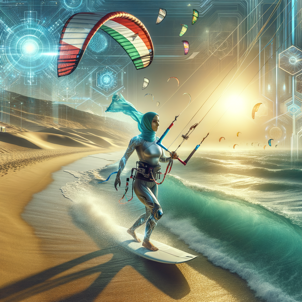 Futuristic kite surfer using advanced kite surfing technology, representing the future of kite surfing and technological innovations in surfing sports.