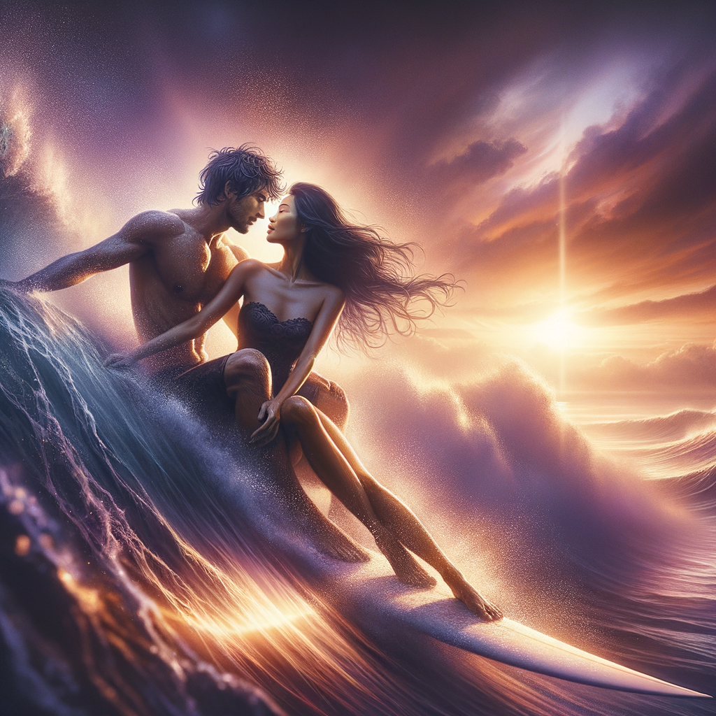 Passionate surfing couple strengthening their relationship through shared surfing experiences, embodying love on the waves during a vibrant sunset.
