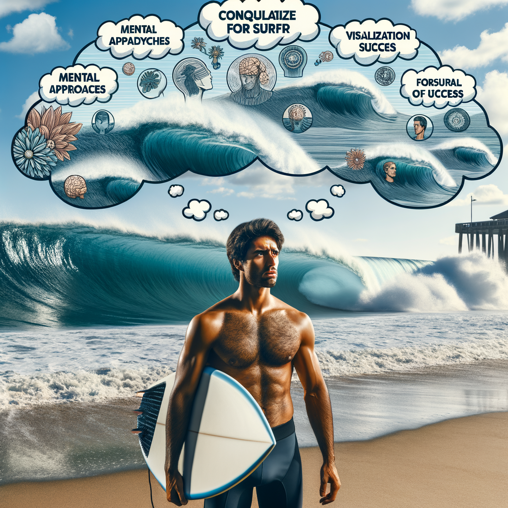 Surfer mentally preparing on the beach for big wave surfing, visualizing mental strategies and demonstrating mental toughness in overcoming fear, symbolizing the psychological aspects and challenges of surfing.