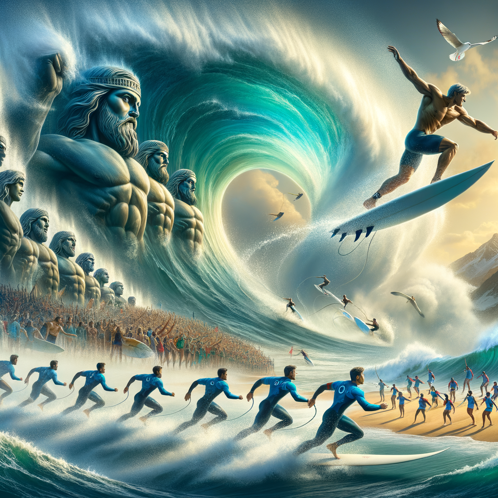 Surfer riding a massive wave at the Olympics, showcasing the transformation and evolution of the sport due to its Olympic debut and the profound impact of the Games on surfing's history and journey.