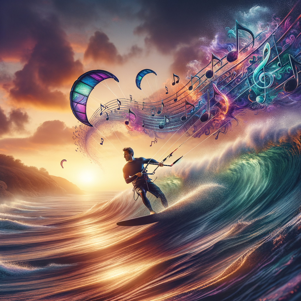 Kite surfer riding the wave rhythms with music notes flowing from the surf, symbolizing the deep connection between kite surfing and music during a serene sunset, for an article on kite surfing soundtracks and surfing music.