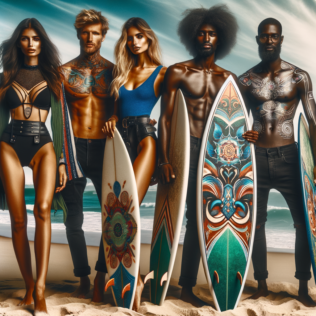 Diverse group of surfers in latest surf fashion trends, embodying surfing lifestyle and culture with stylish surf wear and surf-inspired designs on their boards, perfectly illustrating the fusion of surfing and fashion trends.