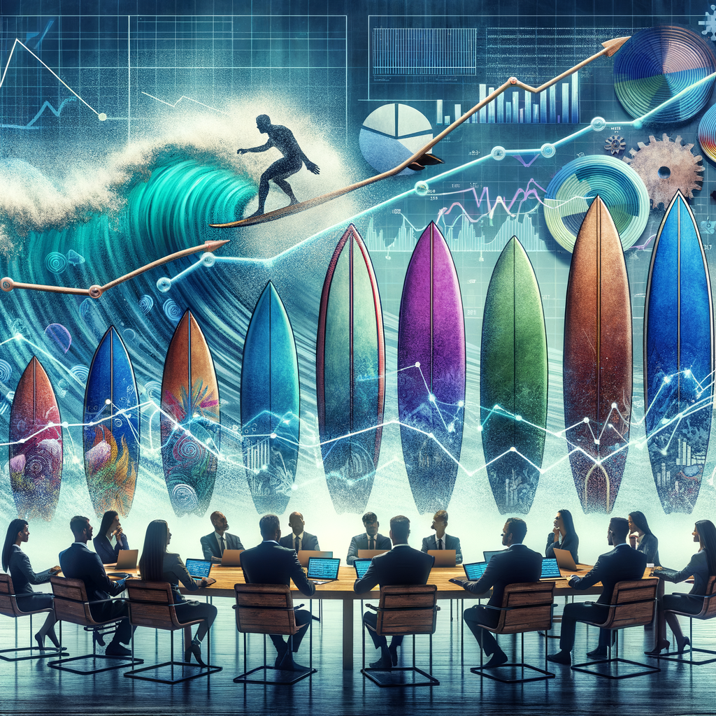 Business professionals analyzing surfing market trends and growth on a graph, highlighting the business aspects of surfing, surfing market analysis, and surfing business strategies for increased surfing industry revenue and opportunities.