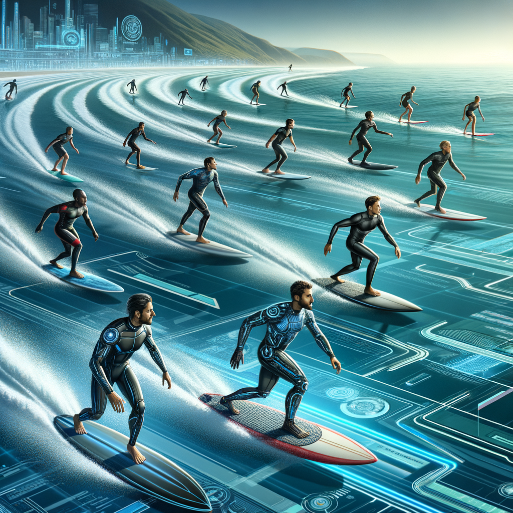 Surfers competing in the futuristic Surfing Competitions 2022, showcasing Future Surfing Trends and Surfing Technology Advancements, predicting the Future of Professional Surfing and Upcoming Surfing Competitions.