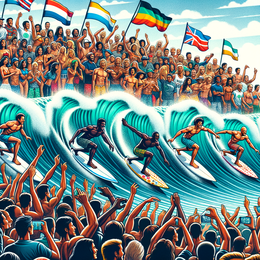 Surfers riding waves at an international surf festival, exemplifying global surf culture and the camaraderie of worldwide surfing celebrations
