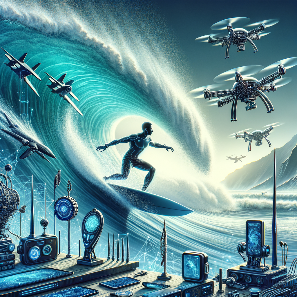 Surfer riding a high-tech board on a massive wave, showcasing Future Surfing Trends and Predictions for 2022, illustrating the future of Surfing Equipment and Innovations in the Surfing Industry.