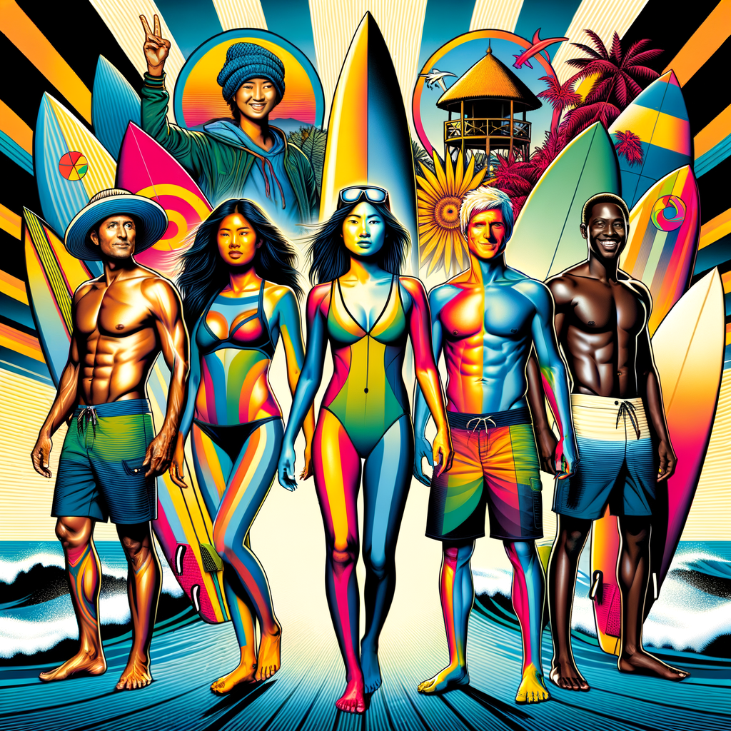 Diverse group of individuals embracing the surfing lifestyle, reflecting the surf culture influence on their attire, attitudes, and beach lifestyle, symbolizing the surfing subculture's impact on society and identity.