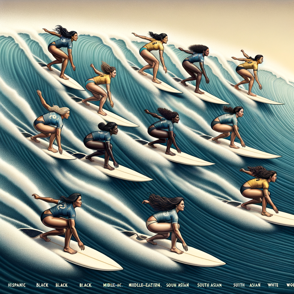 Top female surf champions demonstrating women's surfing prowess at a surfing championship, symbolizing the rise of women in sports and surfing gender equality, with a historical timeline of female surfers in the background.